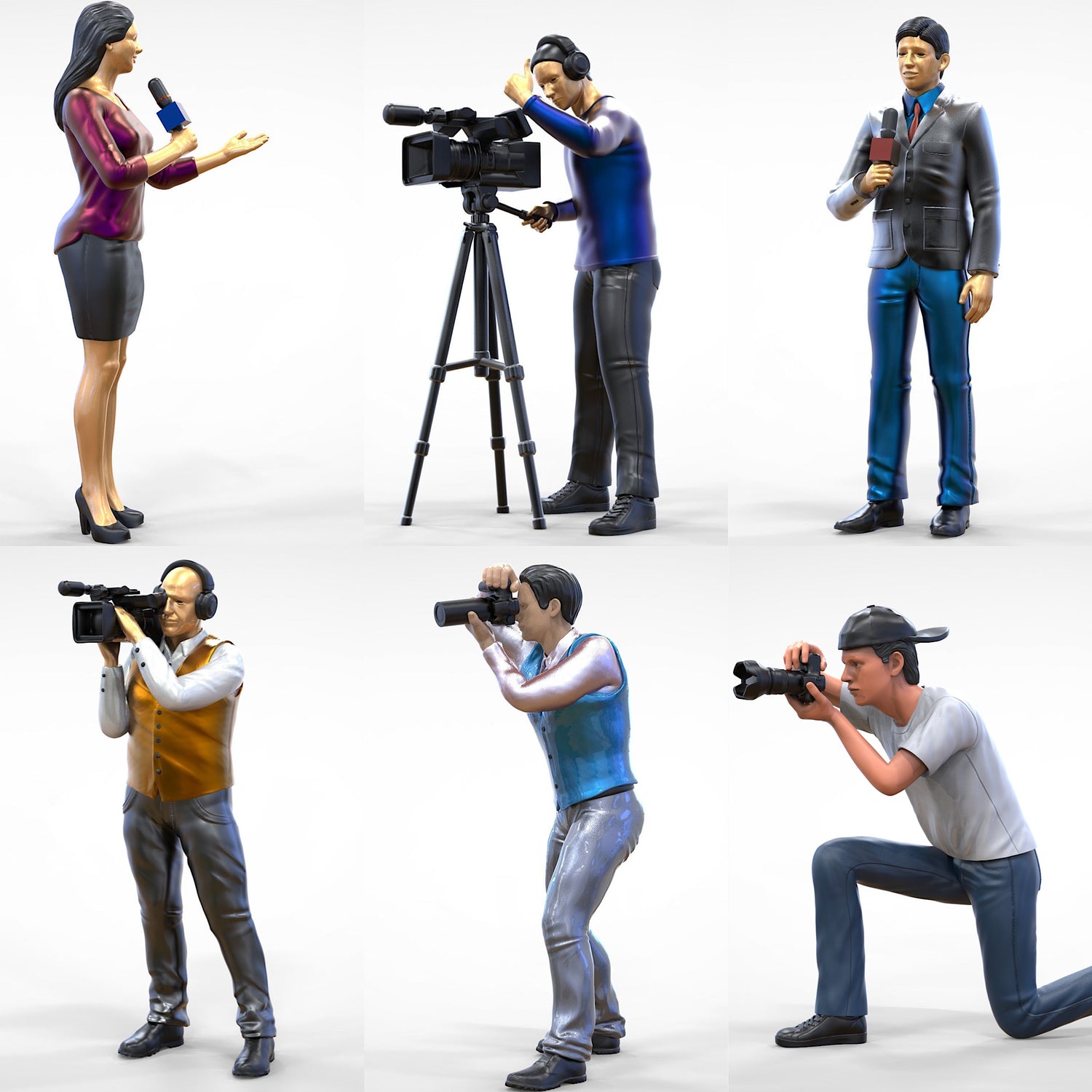 Fernsehteam bestehend aus Reportern und Reporterinnen sowie Kameramännern. Das Bild zeigt sechs Figuren, darunter eine Reporterin, einen Kameramann mit Stativ bzw. Tripod, einen Reporter und drei Kameramänner mit Handkamera.
