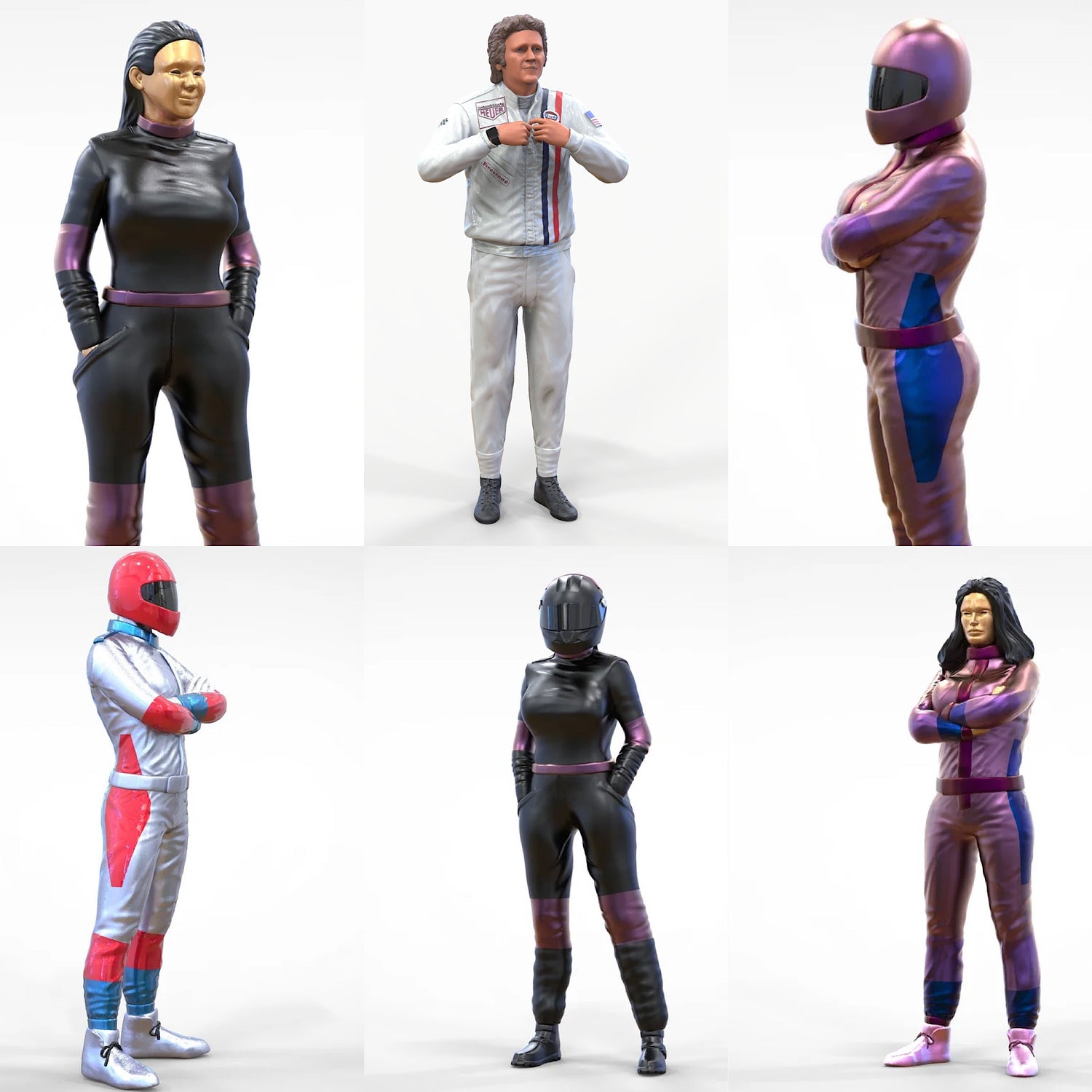 Een collage met zes miniatuurfiguren van racepiloten en racepilotes, met en zonder helm, in volledige raceoutfit.
