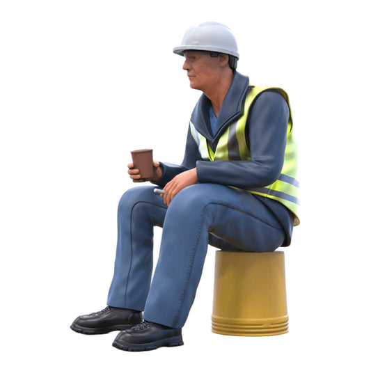Productfoto diorama en modelbouw miniatuur figuur: zittende bouwvakker op emmer