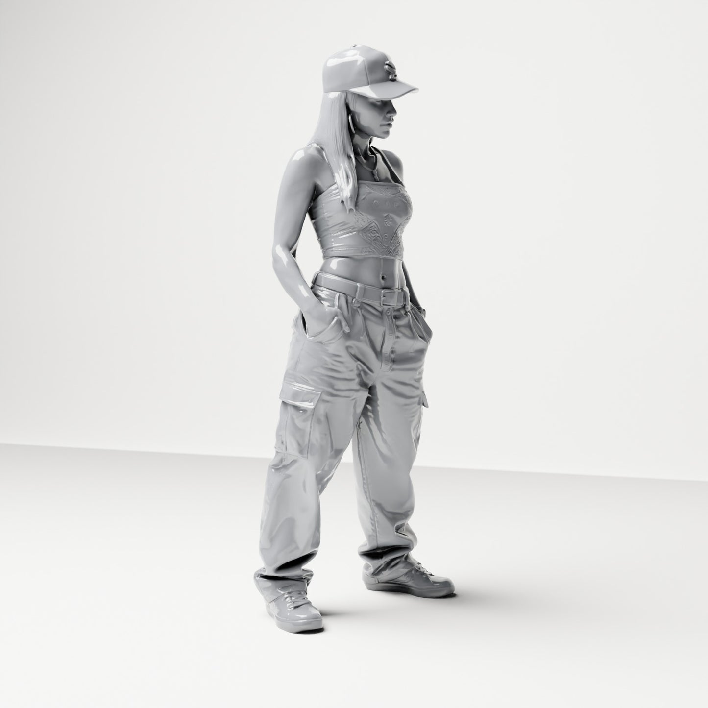 Diorama modelbouw productfoto 3: Staande figuur: Vrouw met pet, crop top & cargo broek, handen in de zakken (B031)