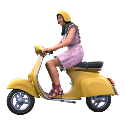 Productfoto diorama en modelbouw miniatuur figuur: vrouw op Vespa