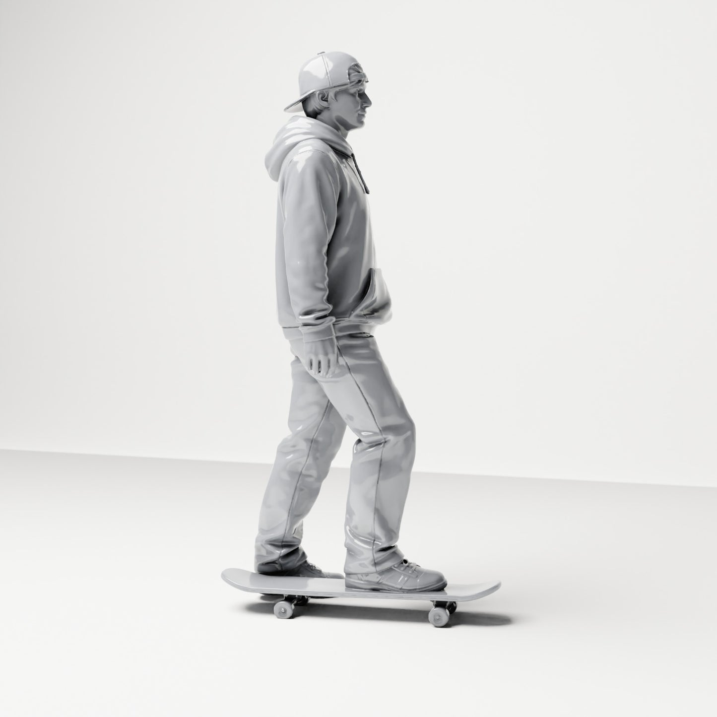 Diorama modelbouw productfoto 3: Staande figuur: skater met pet, hoodie & skateboard (B054)