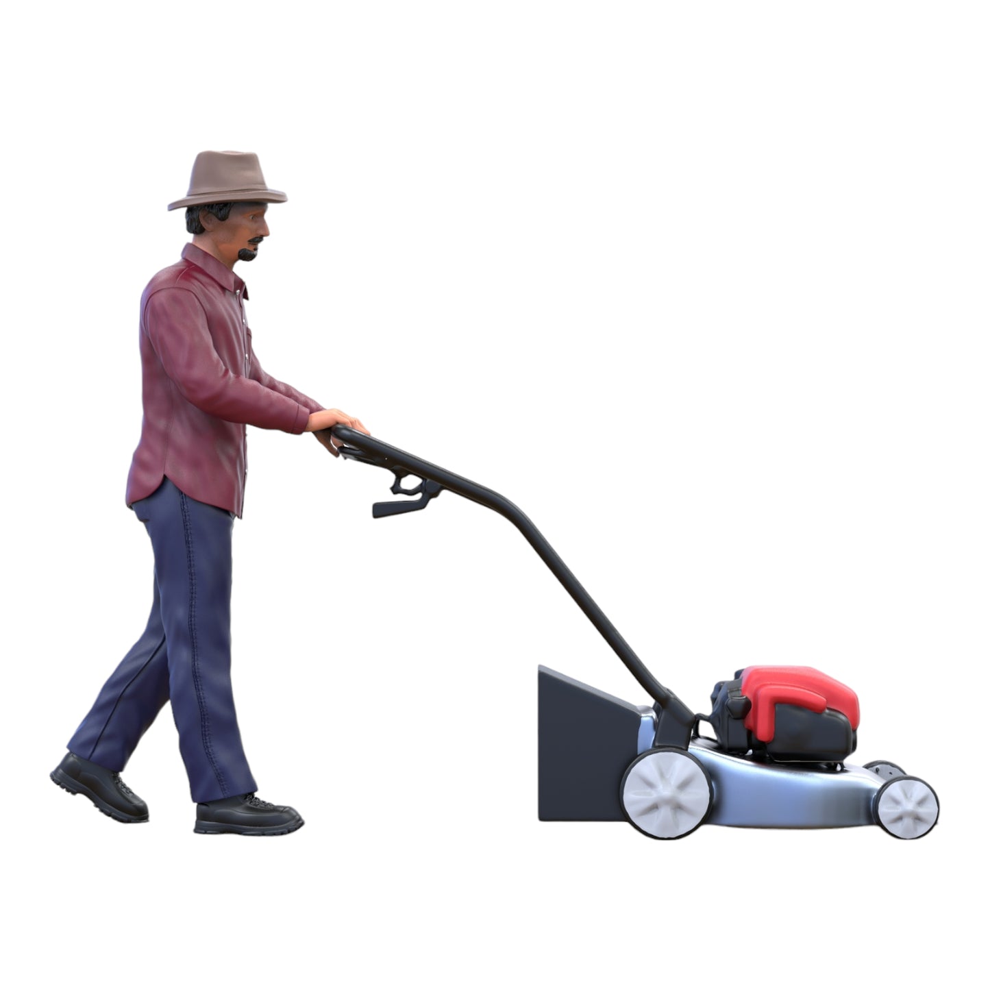 Productfoto diorama en modelbouw miniatuur figuur: man met grasmaaier