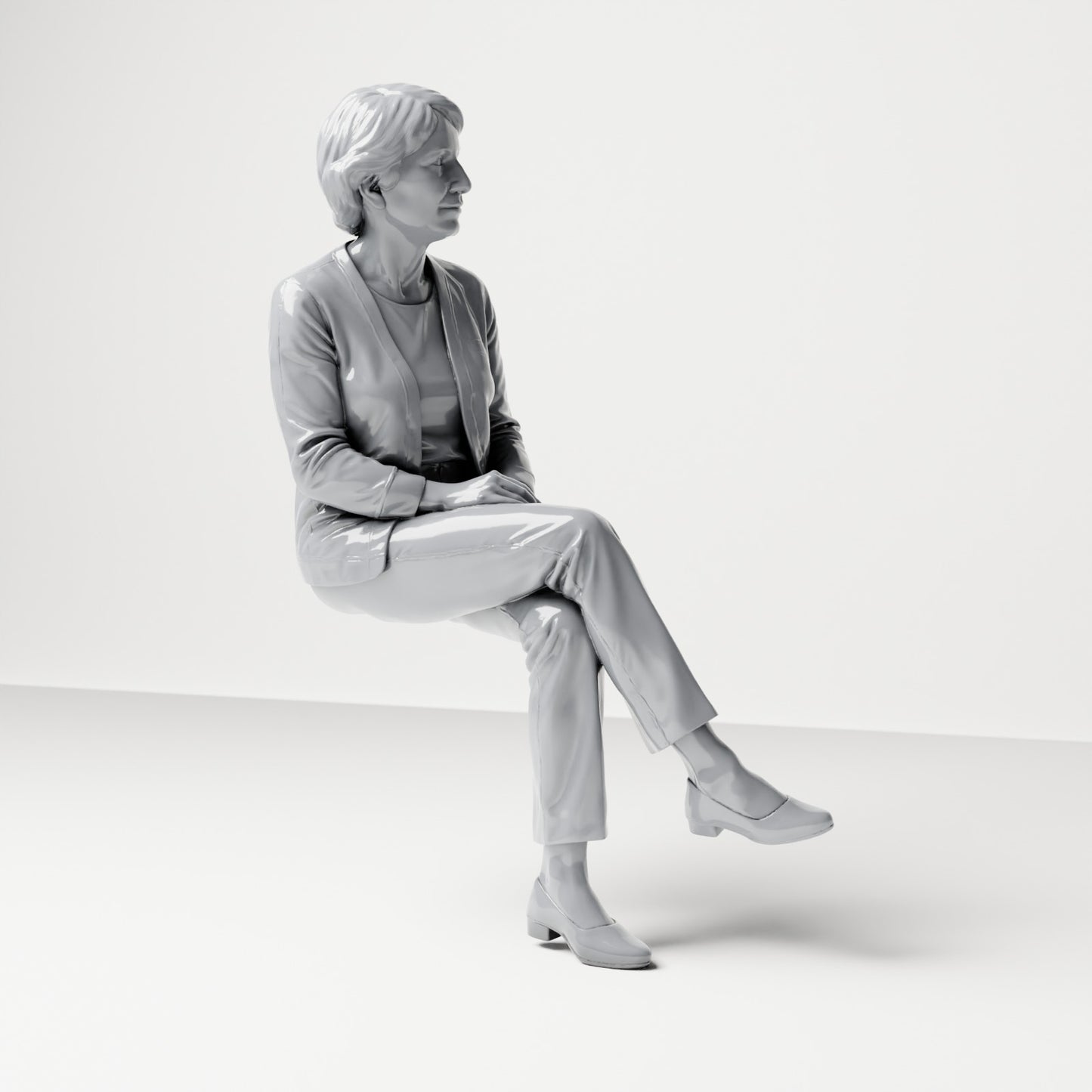 Diorama modelbouw productfoto 3: Zittende figuur: toeschouwer met gekruiste benen en gevouwen handen (B069)