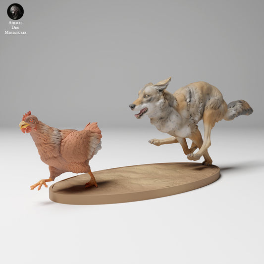 Productfoto Dierfiguur Diorama, Modelbouw: 0: Wilde Dierfiguur: Coyote jaagt op Kip (Ref 24_11_08)
