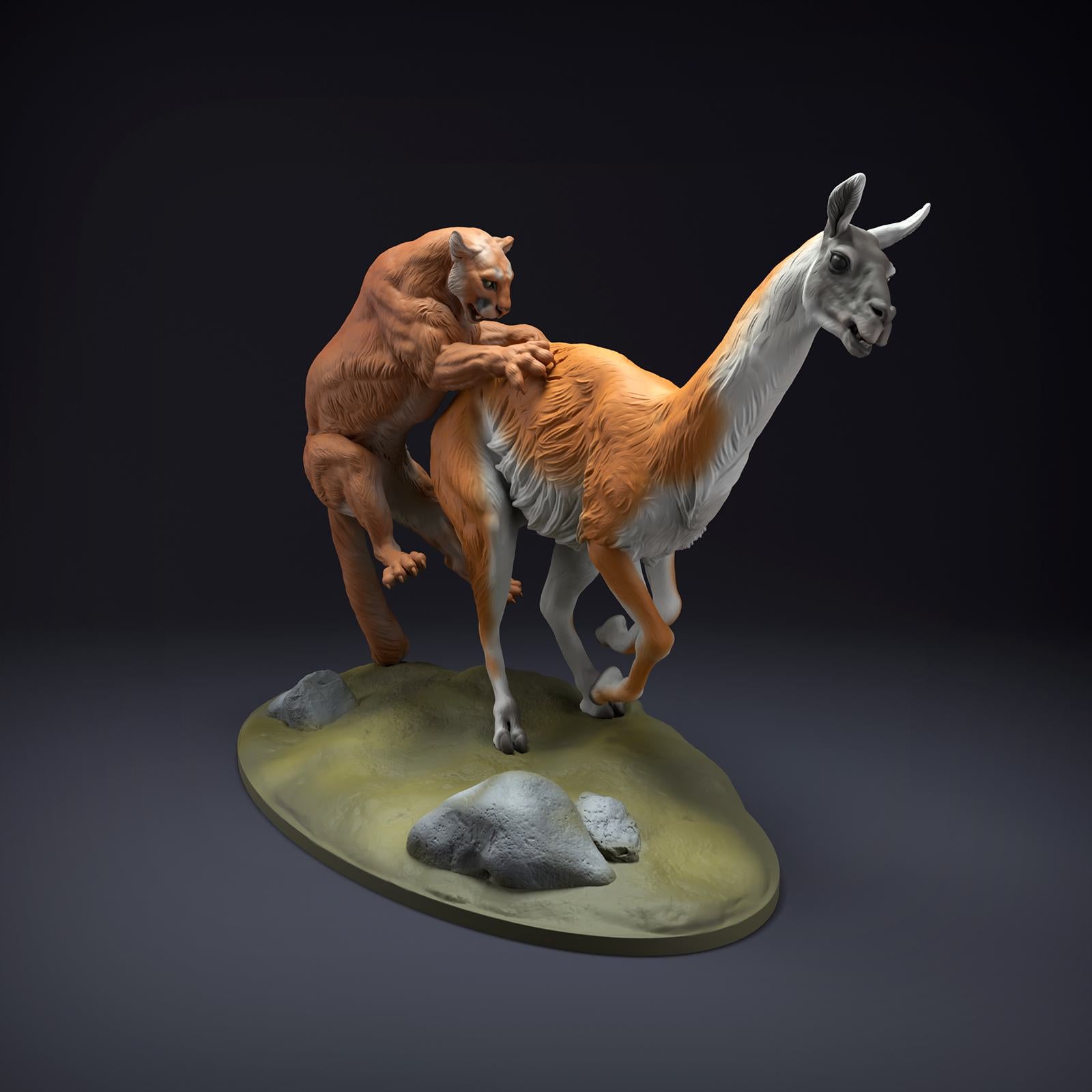 Productfoto Dierfiguur Diorama, Modelbouw: 0: Wilde Dierfiguur: Bergleeuw jaagt op Guanako (Ref 01_01_51)