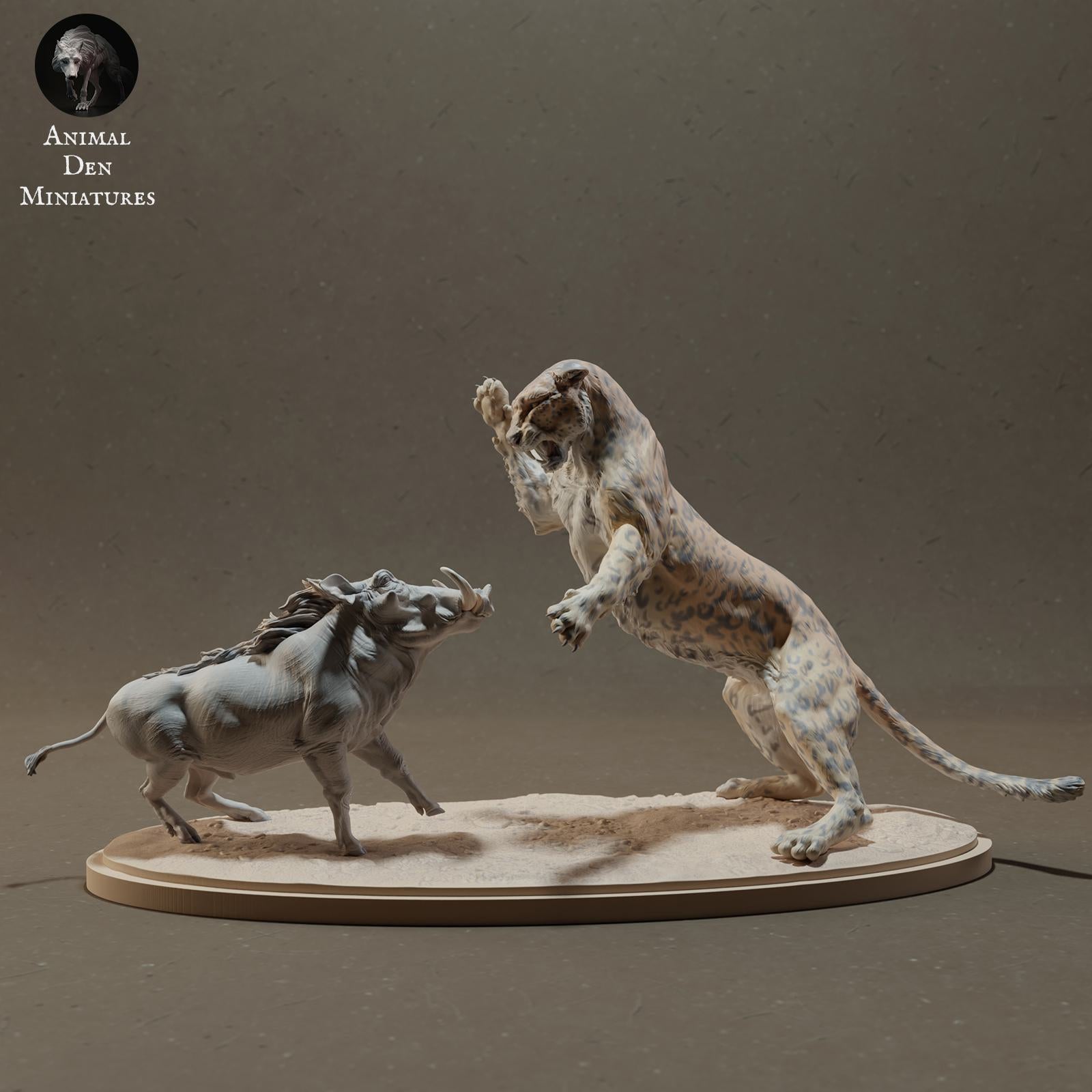 Productfoto Dier Figuur Diorama, Modelbouw: 0: Wilde Dier Figuur: Luipaard jaagt op Wrattenzwijn – Dieren van de Savanne (Ref 01_01_42)