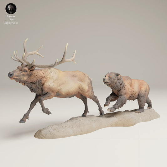 Productfoto Dierfiguur Diorama, Modelbouw: 0: Wilde Dierfiguur: Grizzly jaagt op Rocky Mountain Wapiti (Ref 25_06_13)