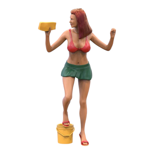 Productfoto diorama en modelbouw miniatuurfiguur: Carwash Girl 3 - Autowasvrouw met spons voor emmer