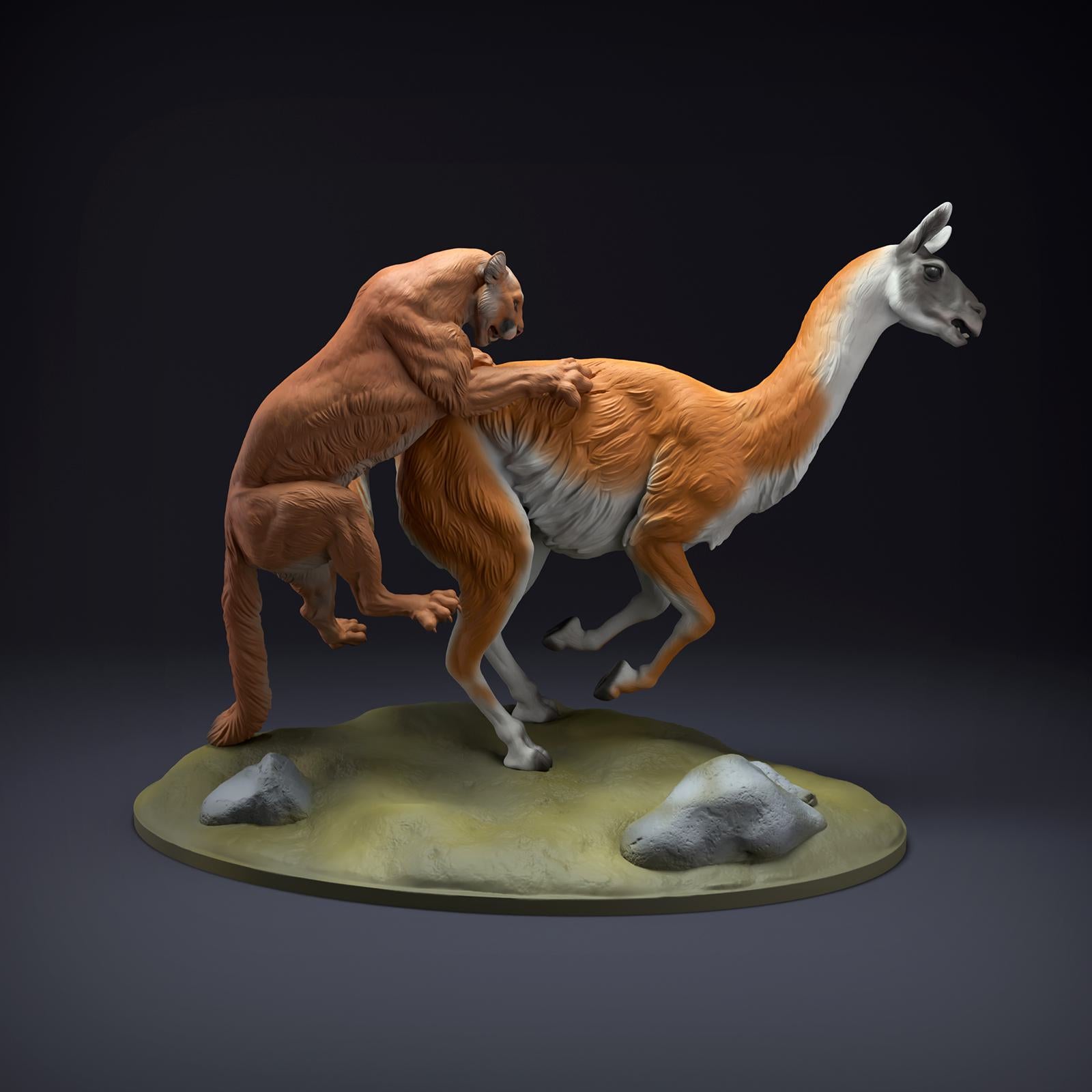Productfoto Dierfiguur Diorama, Modelbouw: 0: Wilde Dierfiguur: Bergleeuw jaagt op Guanako (Ref 01_01_51)