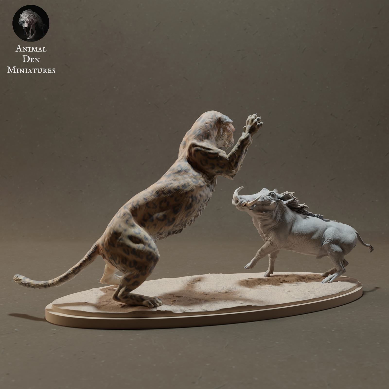 Productfoto Dier Figuur Diorama, Modelbouw: 0: Wilde Dier Figuur: Luipaard jaagt op Wrattenzwijn – Dieren van de Savanne (Ref 01_01_42)