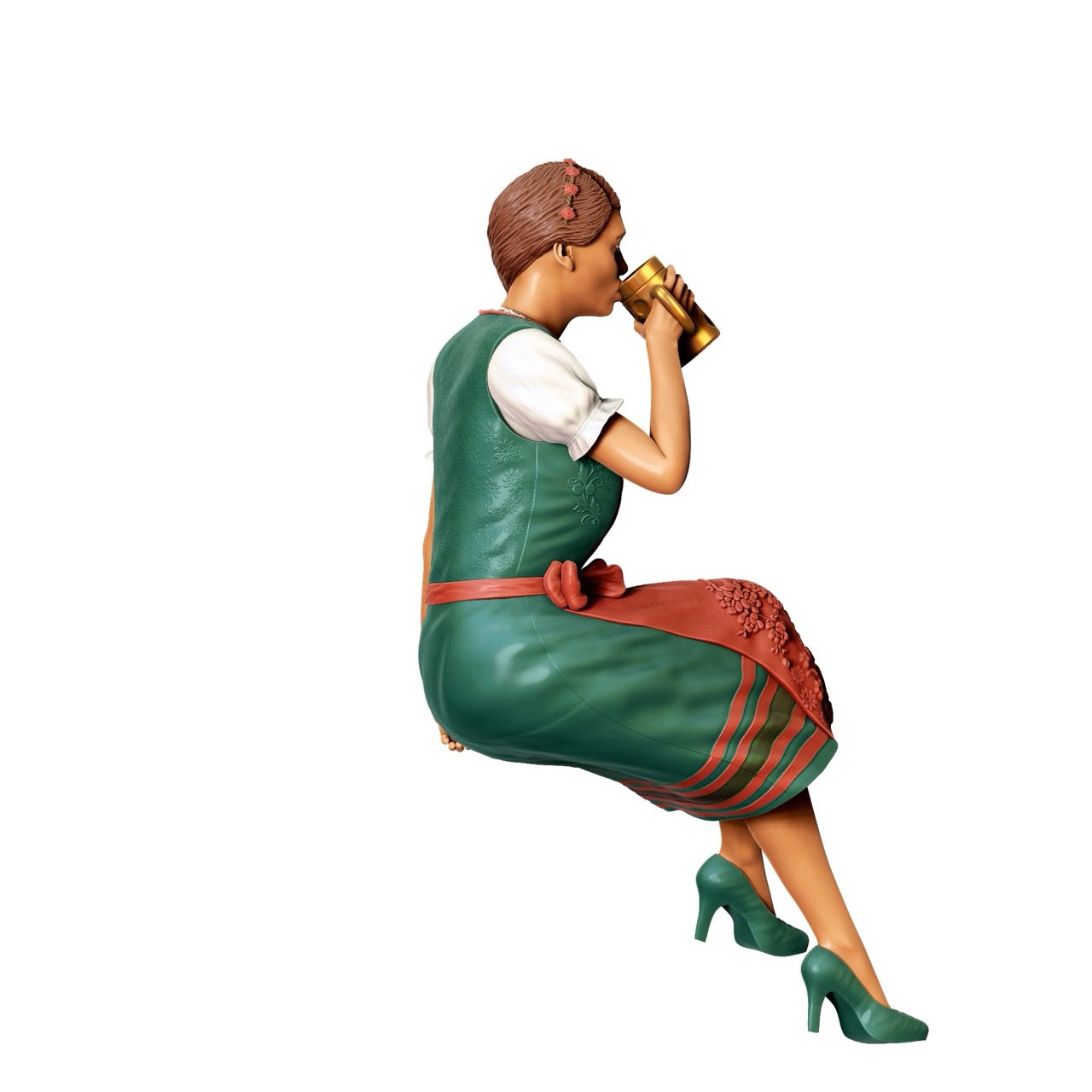 Miniatuurfiguur Oktoberfest: Wiesen gasten: Zittende vrouw met traditionele dirndl outfit en bierpul (nr. 291)