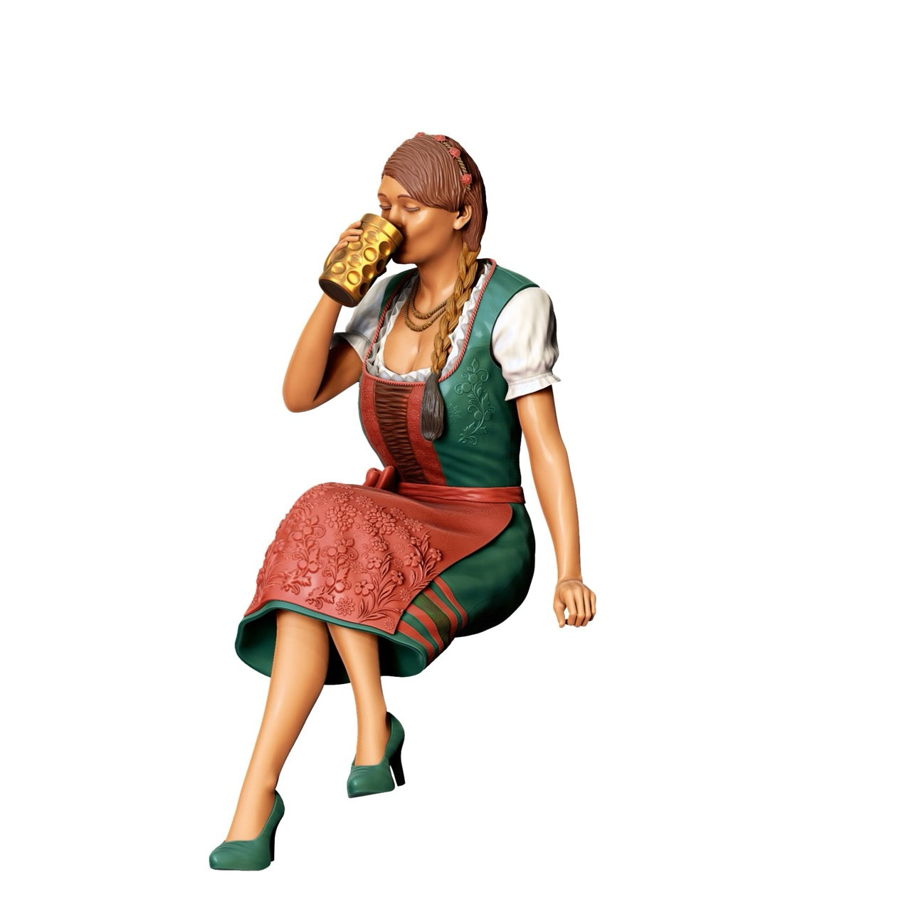 Miniatuurfiguur Oktoberfest: Wiesen gasten: Zittende vrouw met traditionele dirndl outfit en bierpul (nr. 291)
