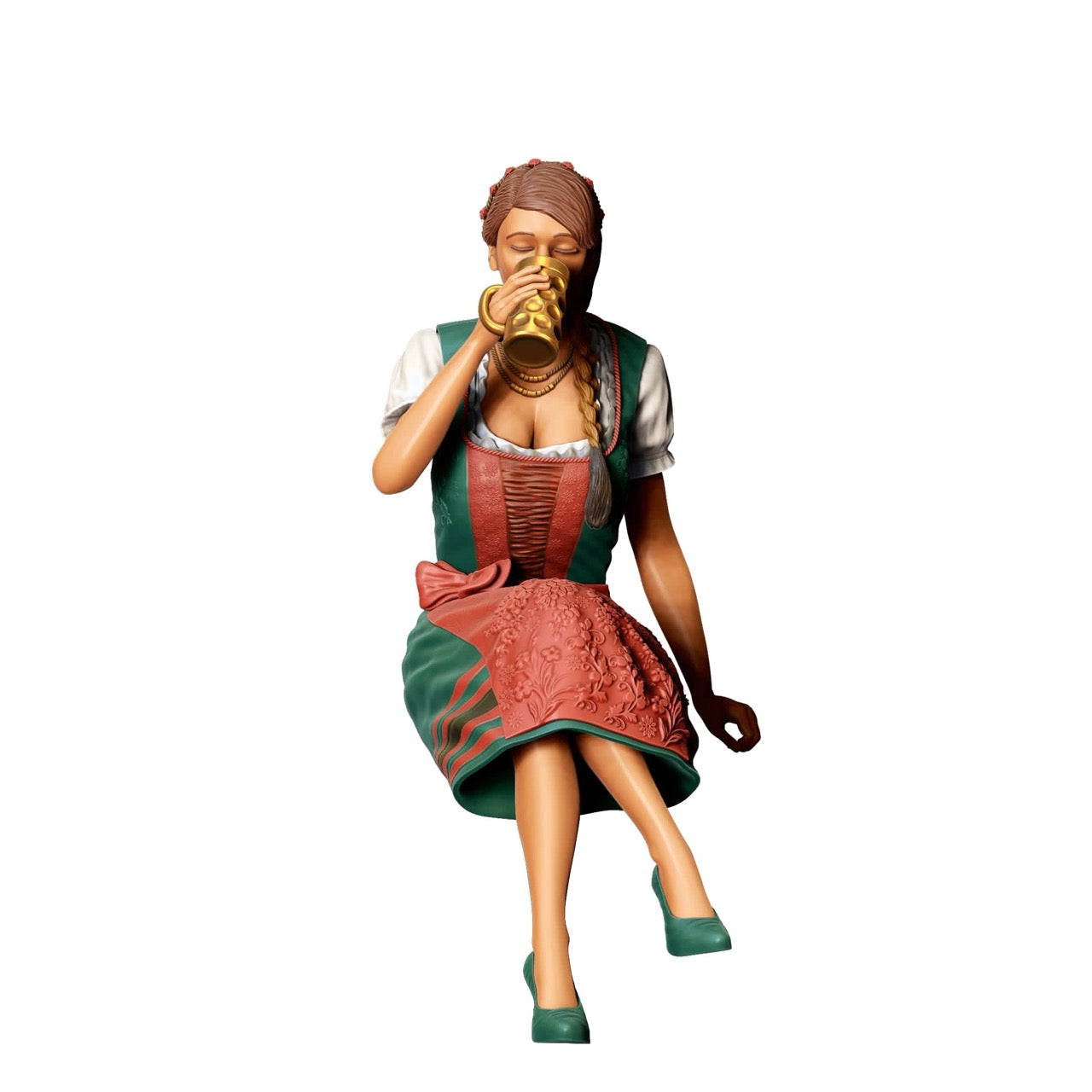 Miniatuurfiguur Oktoberfest: Wiesen gasten: Zittende vrouw met traditionele dirndl outfit en bierpul (nr. 291)