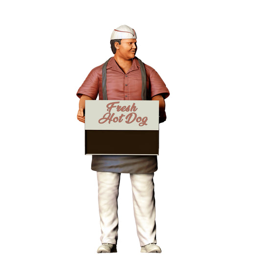 Diorama modelbouw productfoto 0: Snackverkoper met hotdogdoos – figuur in schort en muts (Ref. Nr. 410)