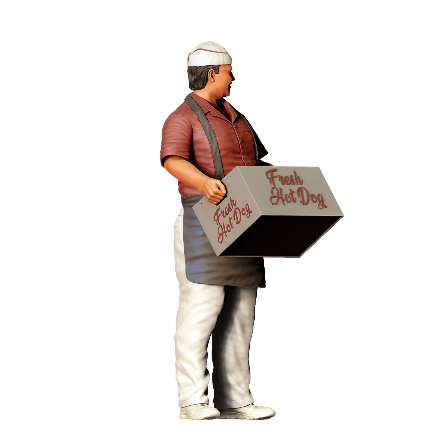 Diorama Modellbau Produktfoto 0: Imbissverkäufer mit Hotdog-Box – Figur in Schürze und Mütze (Ref. Nr. 410)