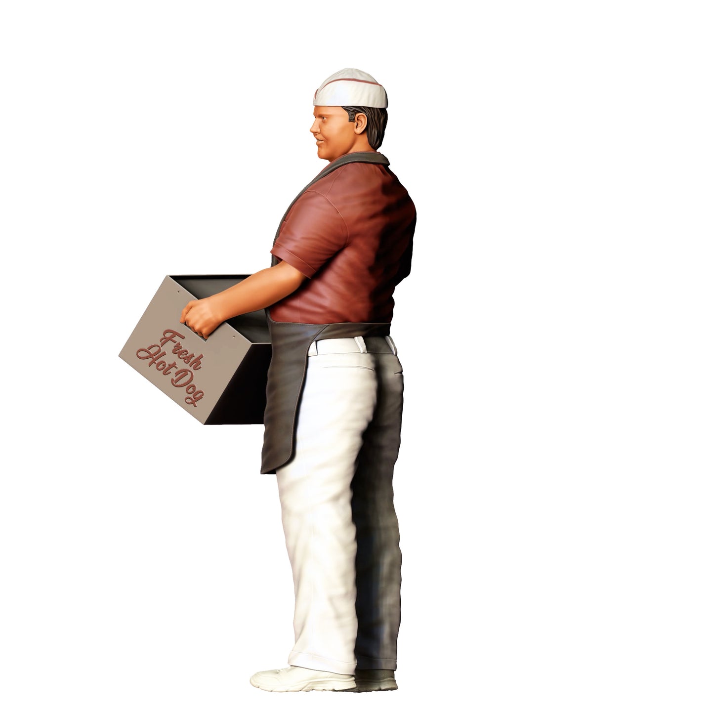 Diorama Modellbau Produktfoto 0: Imbissverkäufer mit Hotdog-Box – Figur in Schürze und Mütze (Ref. Nr. 410)