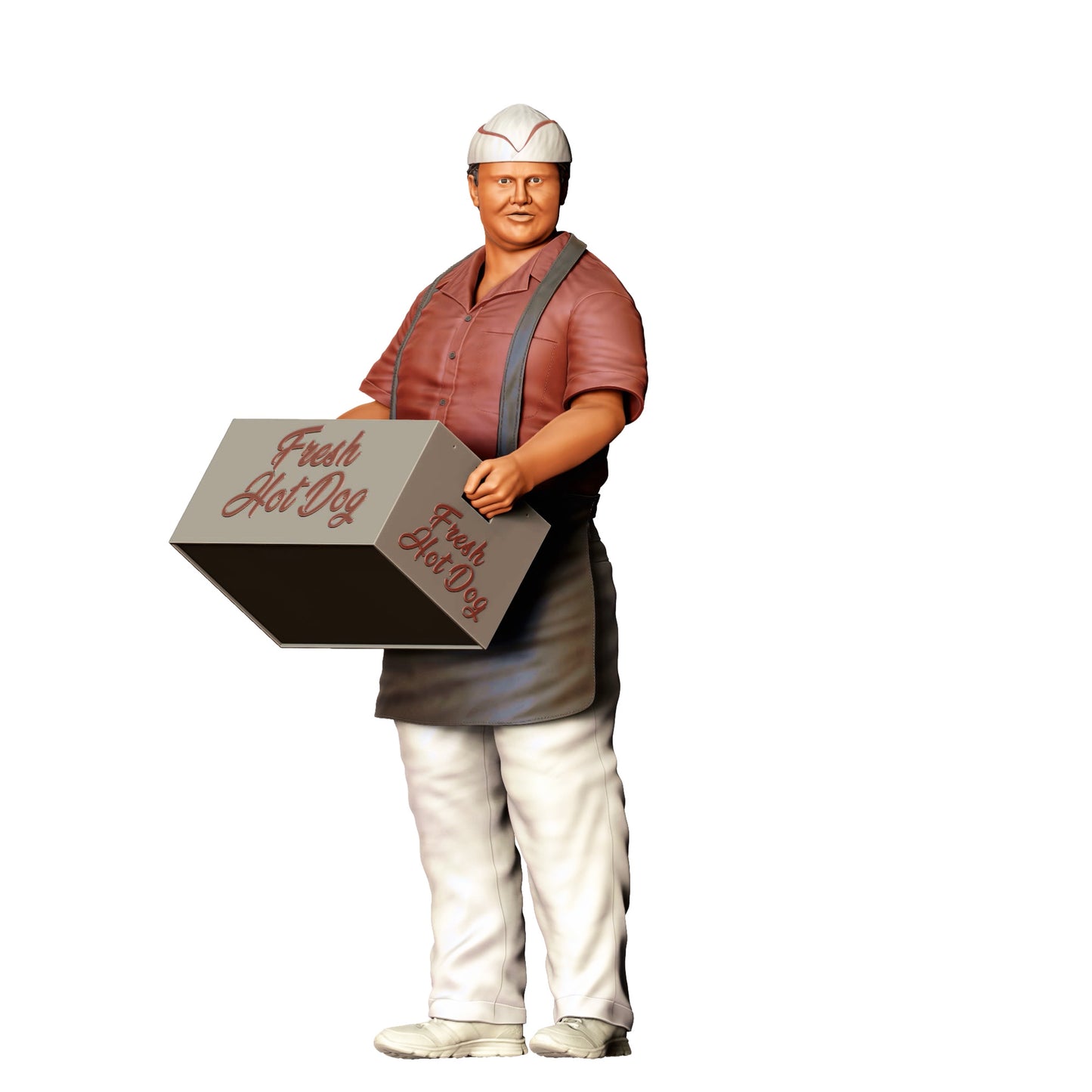 Diorama Modellbau Produktfoto 0: Imbissverkäufer mit Hotdog-Box – Figur in Schürze und Mütze (Ref. Nr. 410)