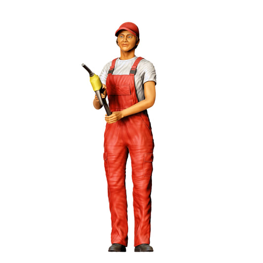 Diorama modelbouw productfoto 0: Tankstationmedewerker in overall – figuur met brandstofpistool en pet (Ref. Nr. 432)