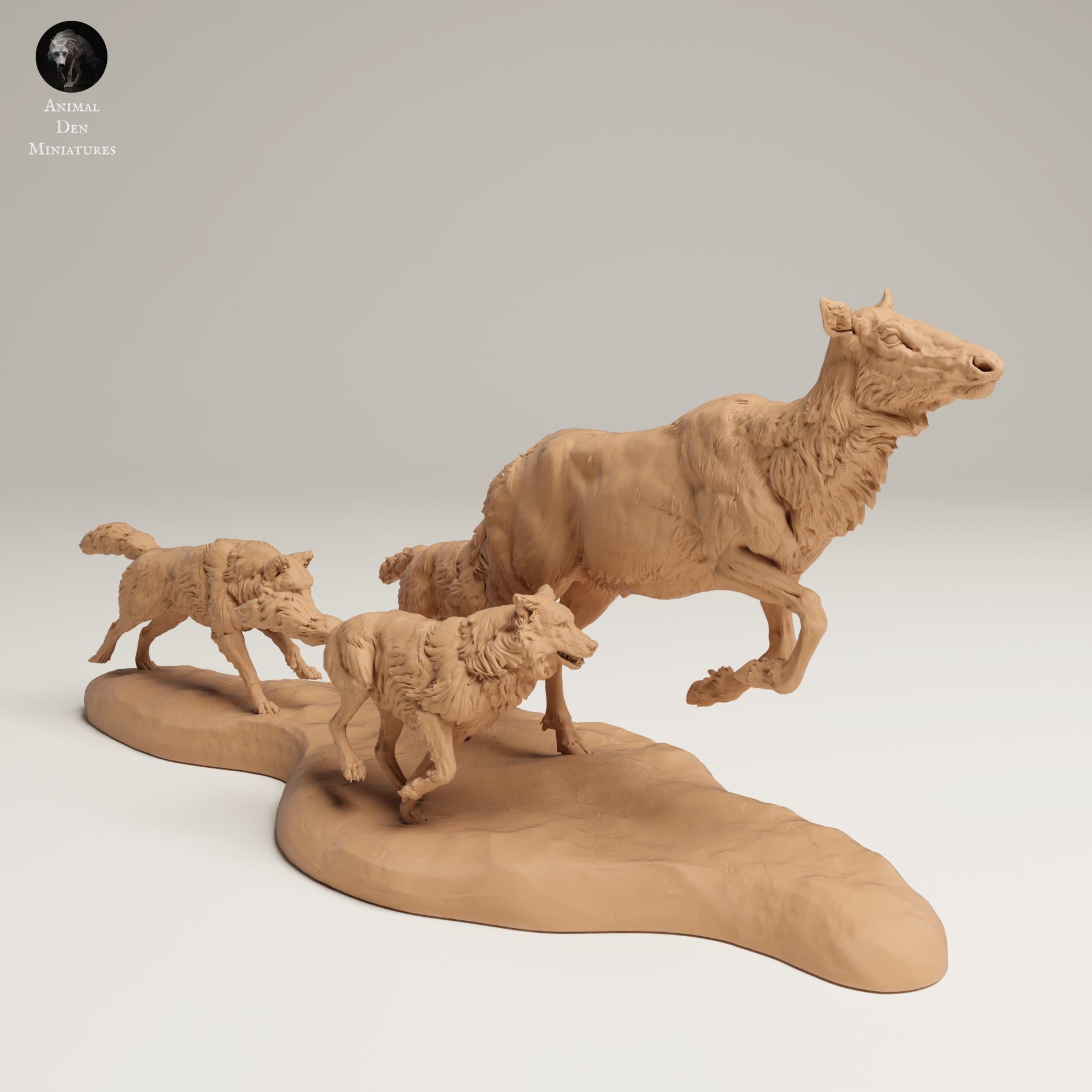 Productfoto Dierfiguur Diorama, Modelbouw: 0: Wilde Dierfiguren: Jachtende Grijze Wolven en Elkkoe (Ref 25_06_12)