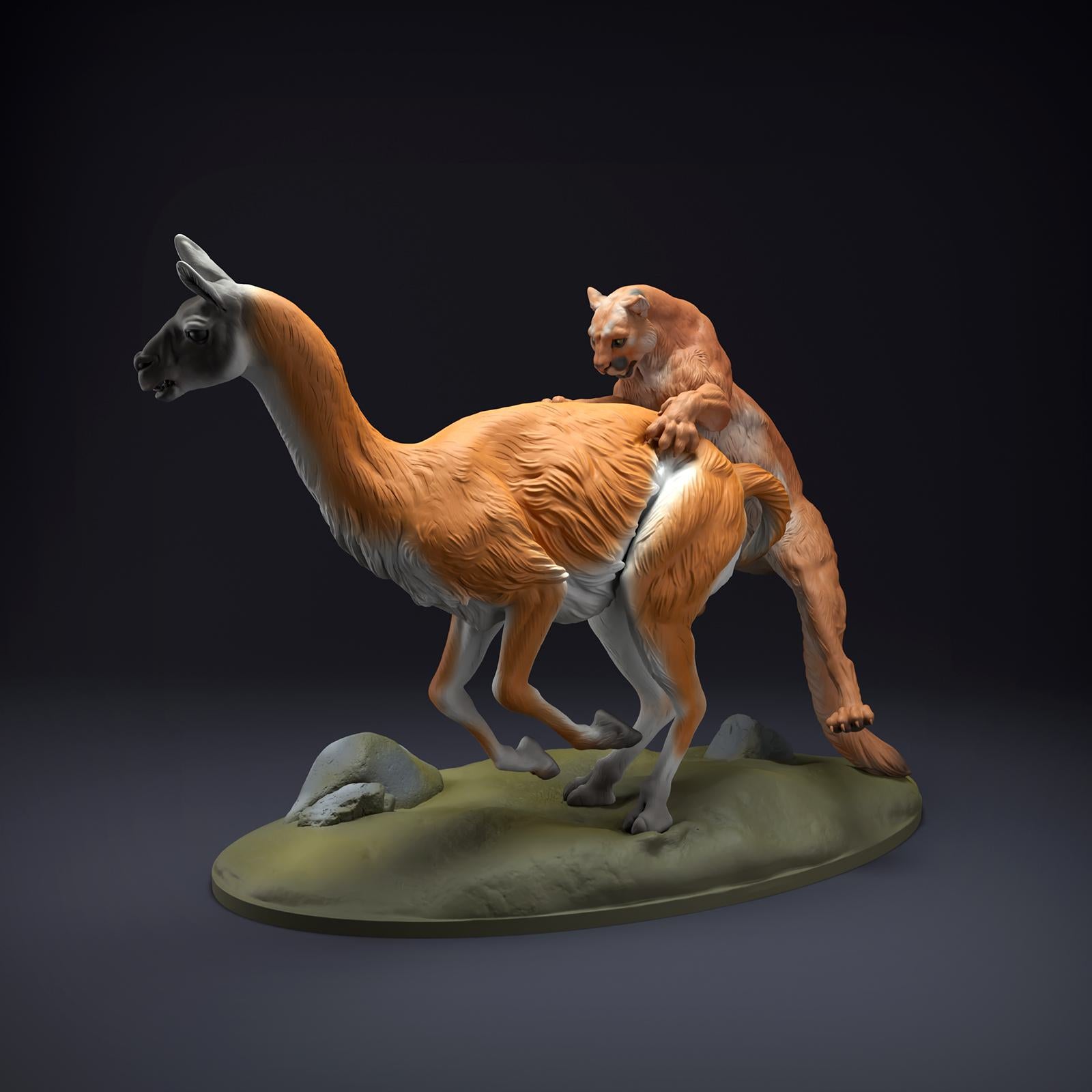 Productfoto Dierfiguur Diorama, Modelbouw: 0: Wilde Dierfiguur: Bergleeuw jaagt op Guanako (Ref 01_01_51)