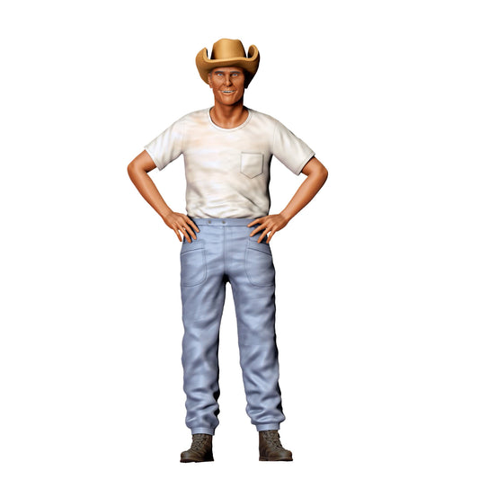 Diorama modelbouw productfoto 0: Cowboy met handen op de heupen – figuur in T-shirt en hoed (Ref. Nr. 404)