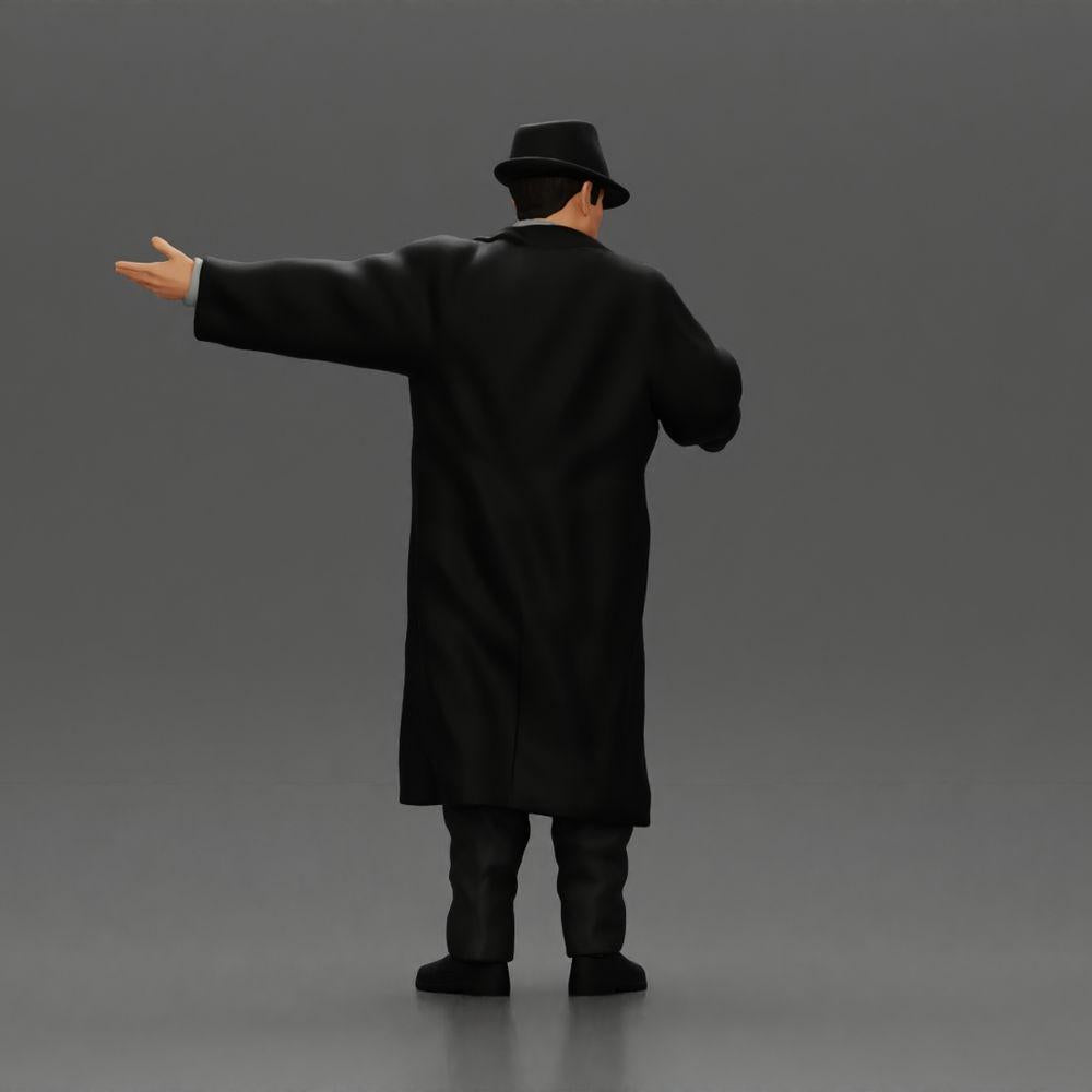 Diorama modelbouw productfoto 3: Diorama-miniatuur: Mafioso in pak en mantel met hoed, gebarend (Ref Nr. A94)