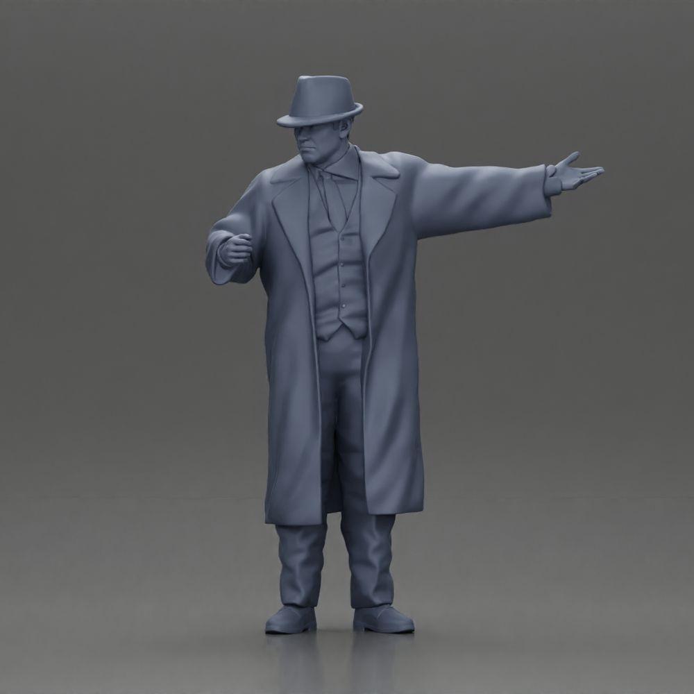 Diorama modelbouw productfoto 6: Diorama-miniatuur: Mafioso in pak en mantel met hoed, gebarend (Ref Nr. A94)