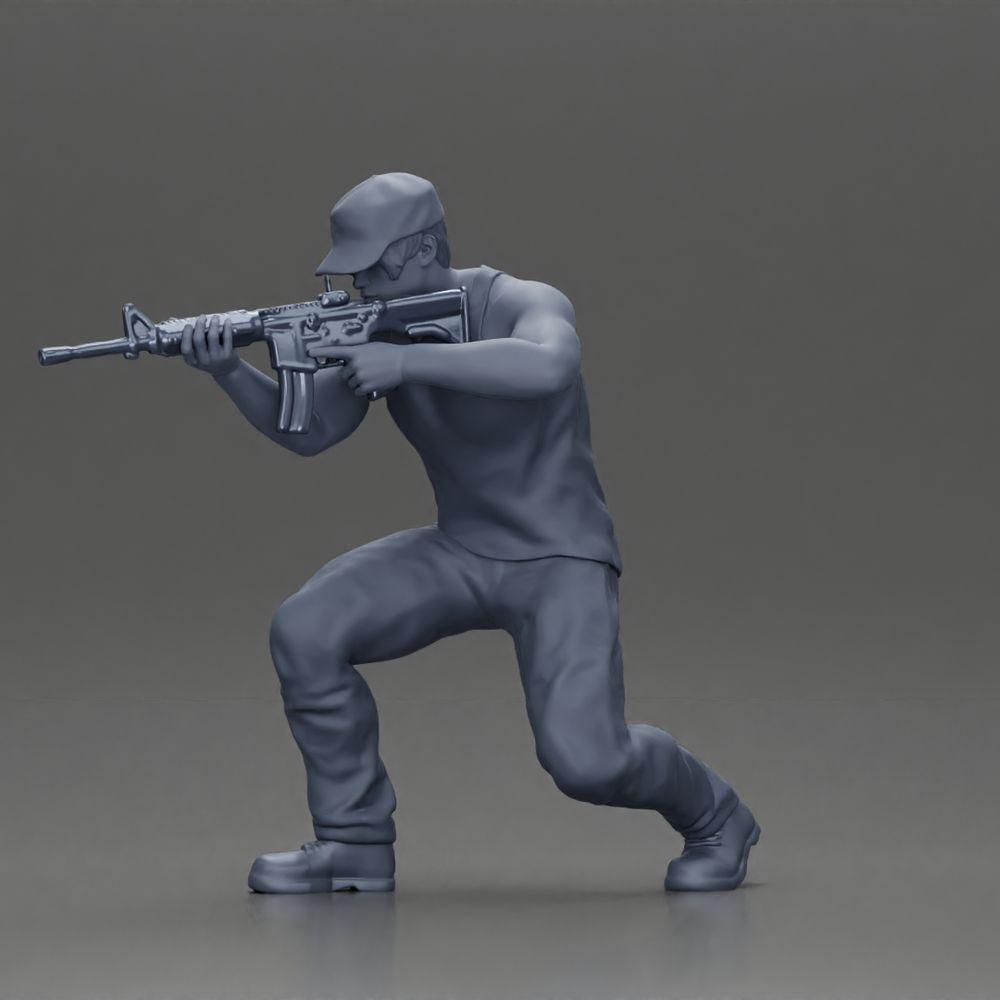 Diorama modelbouw productfoto 6: Diorama figuur: Knielende miniatuurfiguur met geweer - defensieve tactiek-houding voor diorama (Ref Nr. A140)