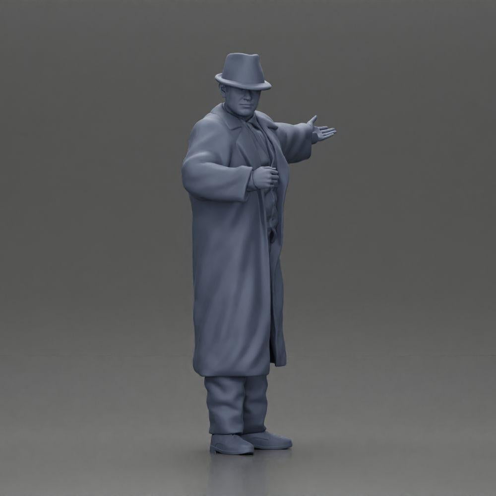 Diorama modelbouw productfoto 7: Diorama-miniatuur: Mafioso in pak en mantel met hoed, gebarend (Ref Nr. A94)