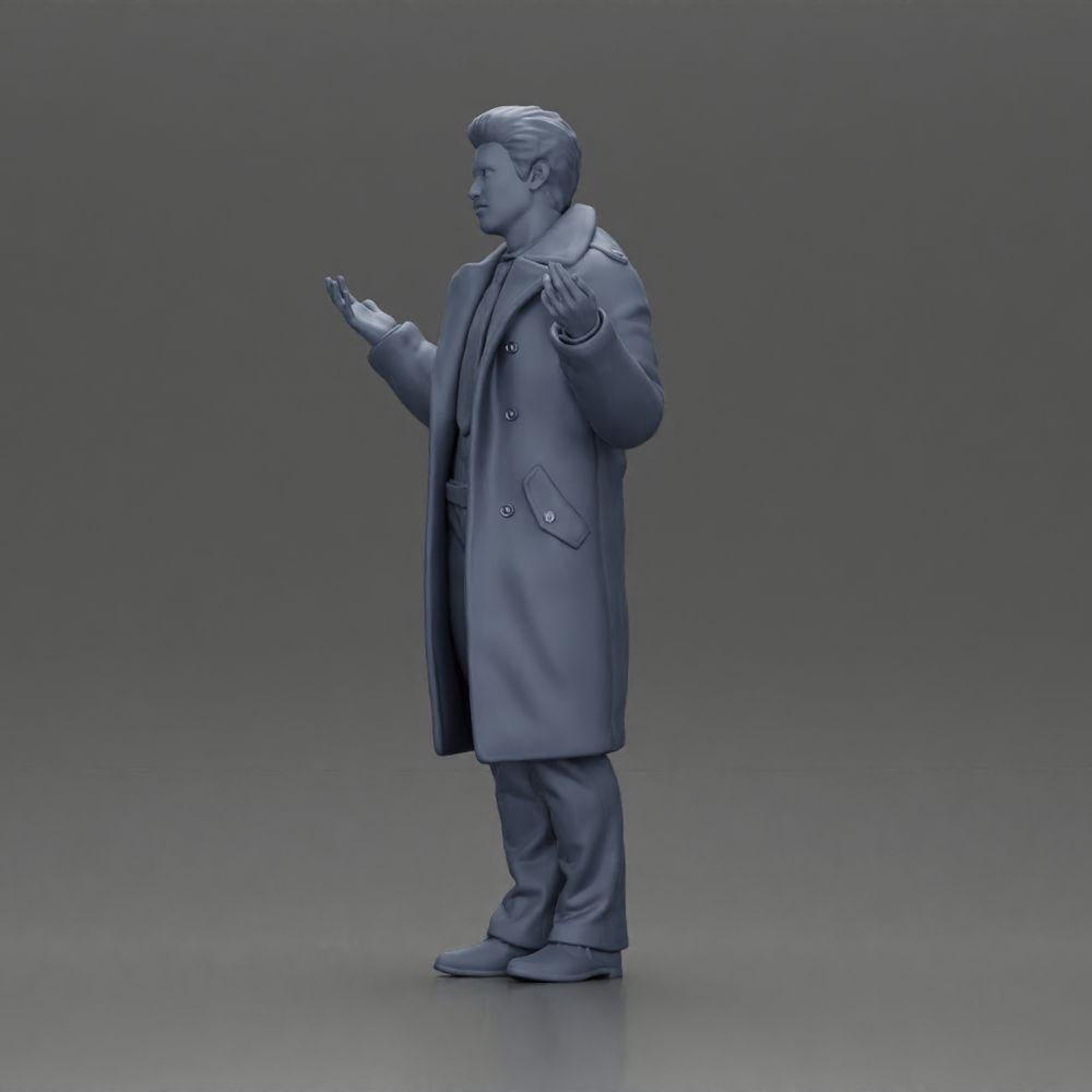 Diorama modelbouw productfoto 11: Diorama-miniatuurfiguur: politie-detective in een mantel, staand met open handen (Ref Nr. A63)