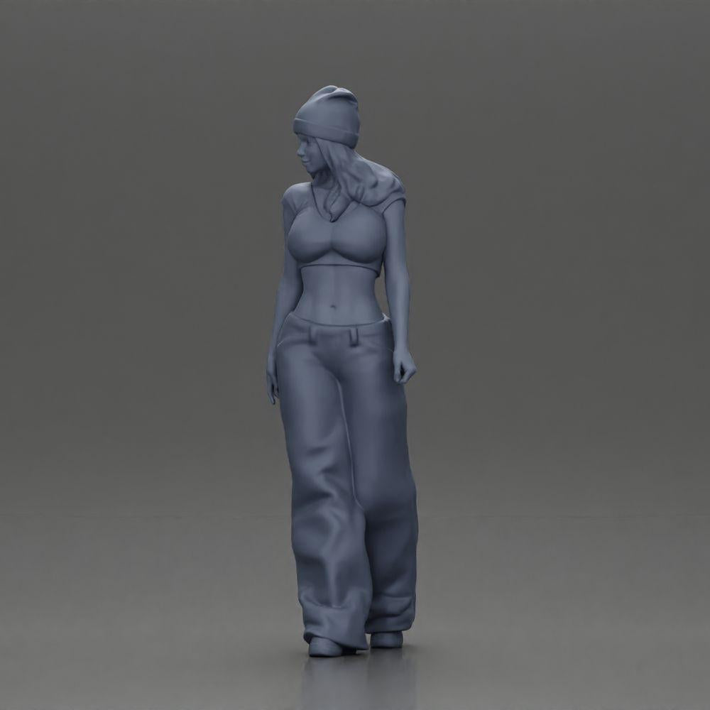 Diorama modelbouw productfoto 11: Miniatuurfiguur: Hip-Hop Lowrider vrouw met pet, korte top & baggy broek (Ref Nr. A103)