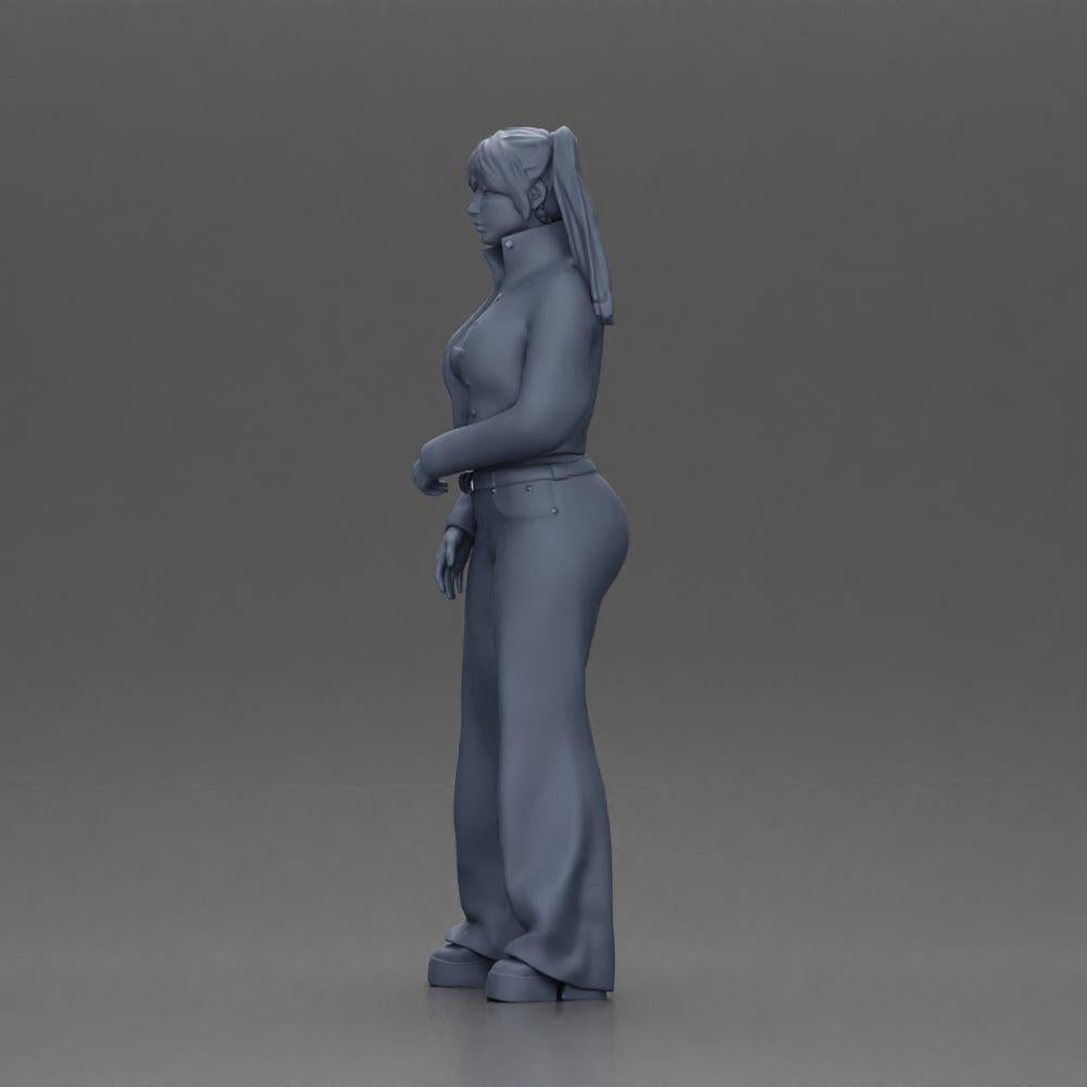 Diorama modelbouw productfoto 11: Diorama-miniatuur: Chola-meisje met vlechten, jas, top, riem & flared broek (Ref Nr. A79)