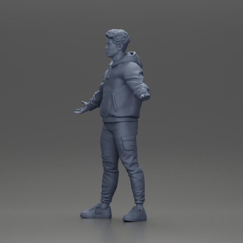 Diorama modelbouw productfoto 11: Miniatuurfiguur Aziatische man in hoodie, armen zijwaarts geheven (Ref Nr. A60)