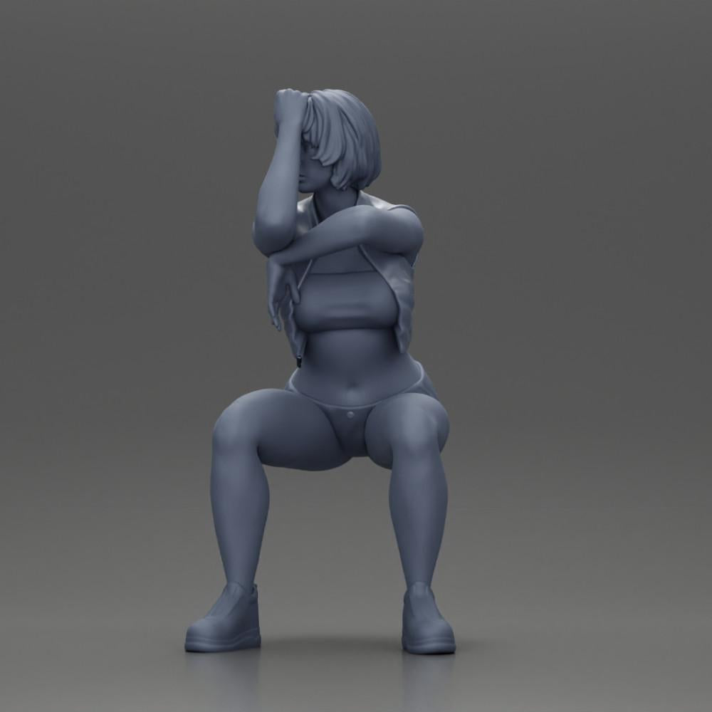 Diorama modelbouw productfoto 11: Zittende miniatuurfiguur: Vrouw met korte leren jas, top, shorts en sneakers (Ref Nr. A61)