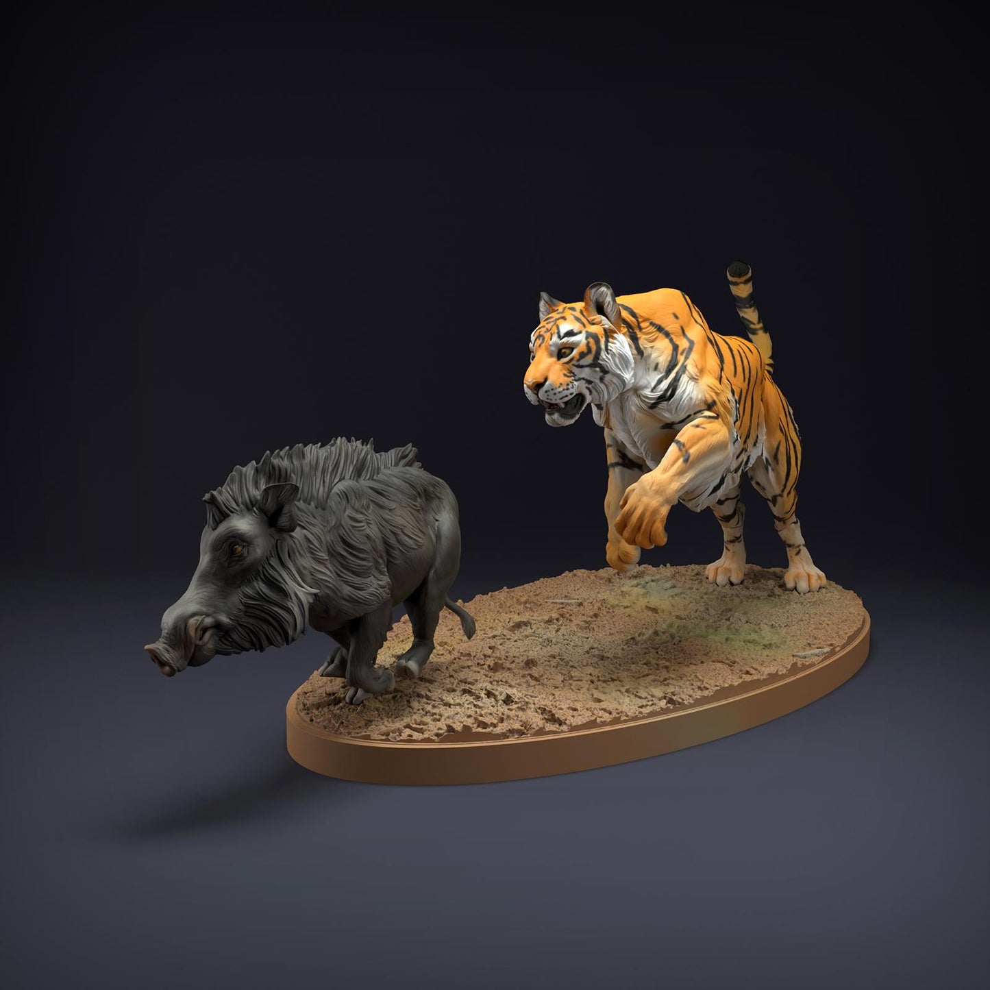 Productfoto Dierfiguur Diorama, Modelbouw: 0: Wilde Dieren Figuren: Bengaalse Tijger en Indisch Wildzwijn – Jacht scène (Ref 01_01_81)