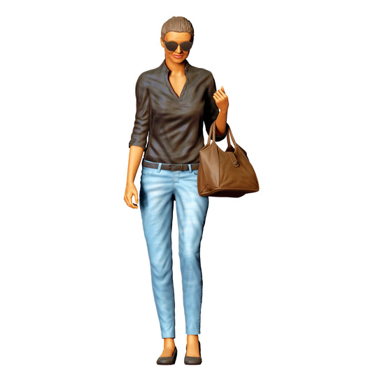 Vrouw met zonnebril en handtas – figuur in jeans en leren jack (Ref. Nr. 423)