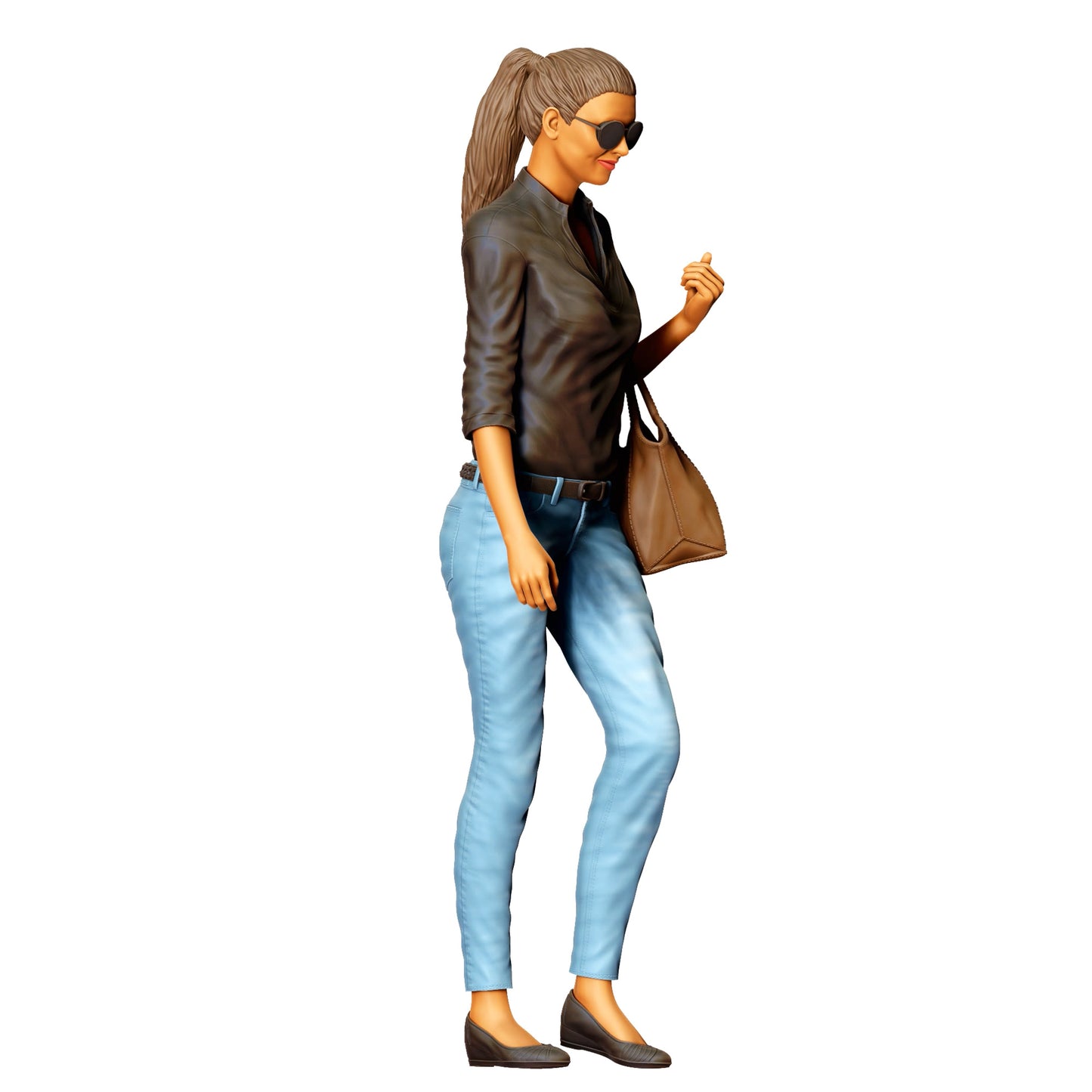 Vrouw met zonnebril en handtas – figuur in jeans en leren jack (Ref. Nr. 423)