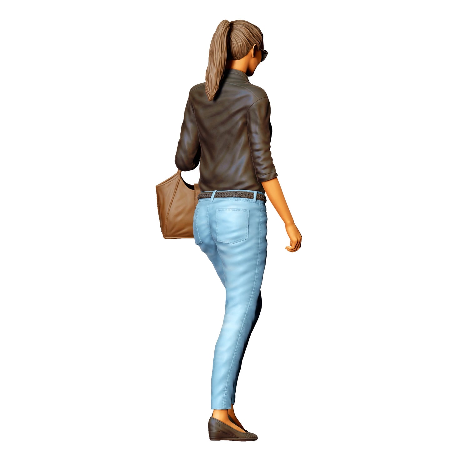 Vrouw met zonnebril en handtas – figuur in jeans en leren jack (Ref. Nr. 423)