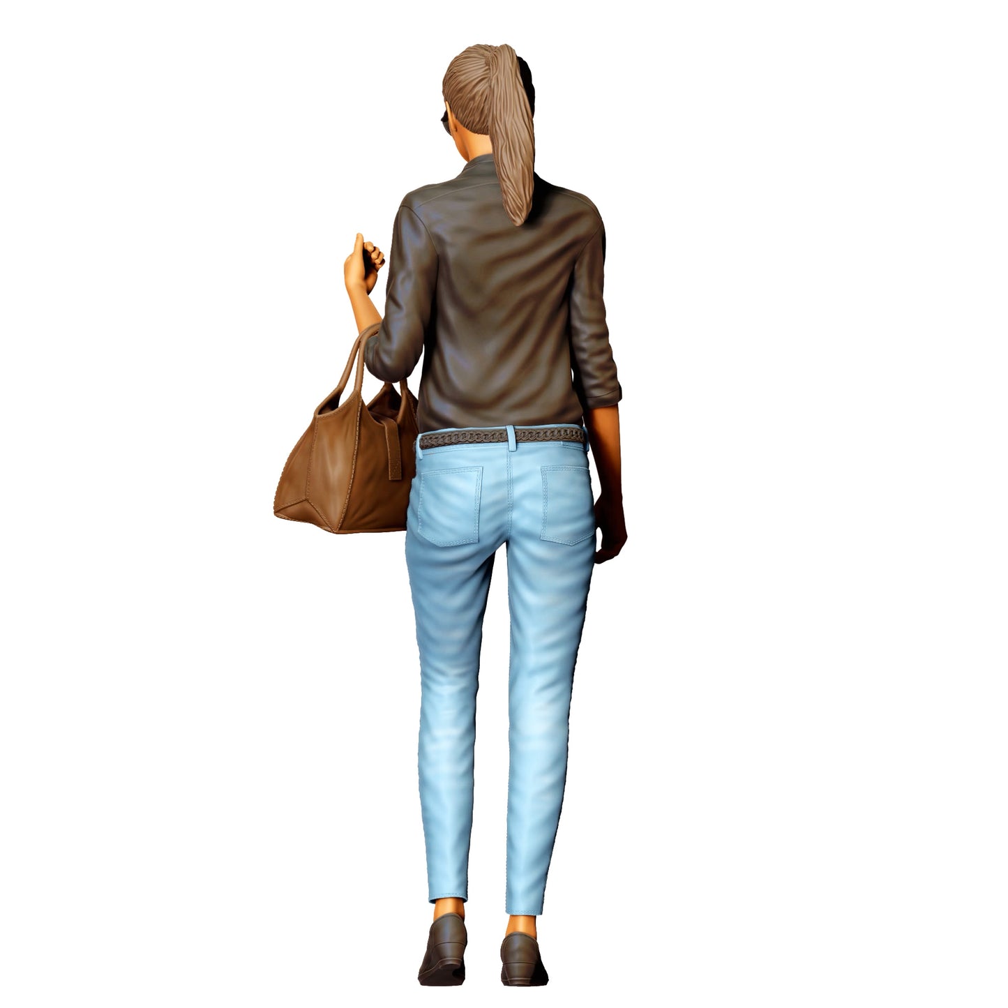 Vrouw met zonnebril en handtas – figuur in jeans en leren jack (Ref. Nr. 423)
