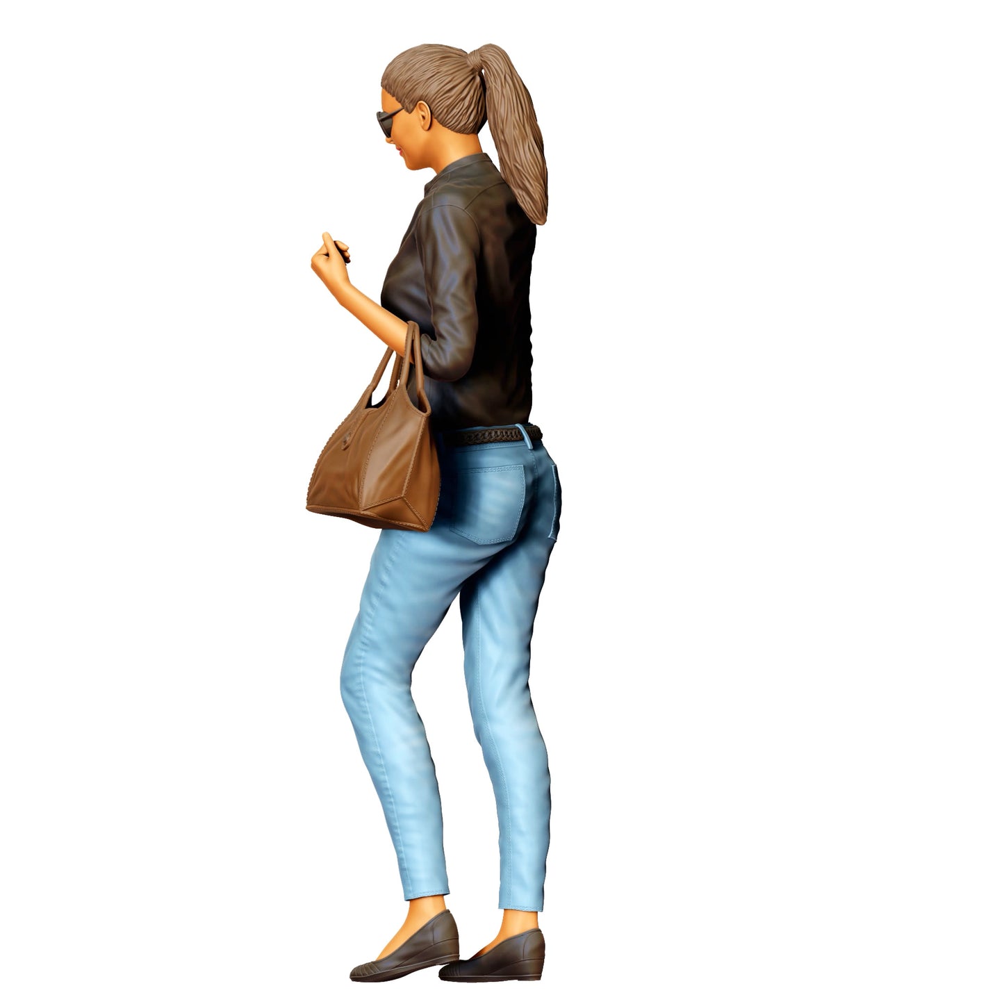 Vrouw met zonnebril en handtas – figuur in jeans en leren jack (Ref. Nr. 423)