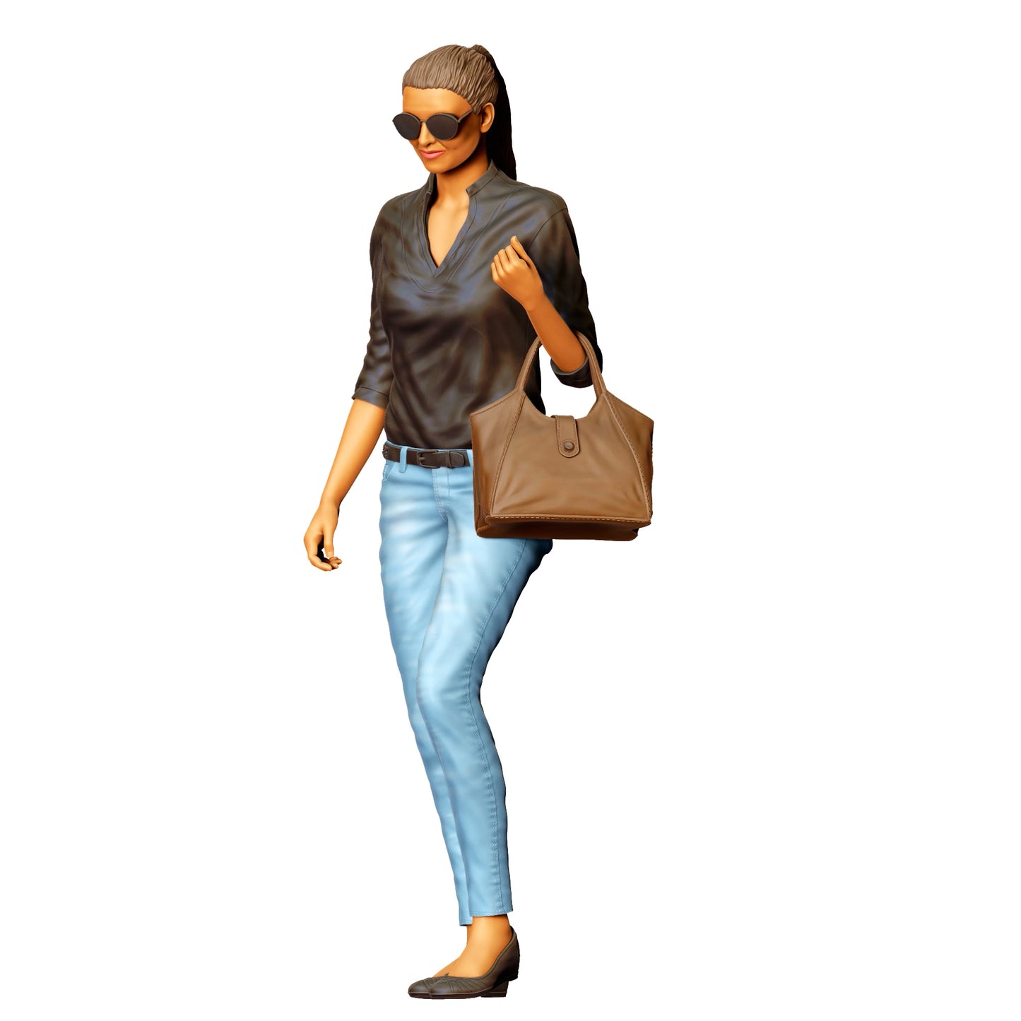 Vrouw met zonnebril en handtas – figuur in jeans en leren jack (Ref. Nr. 423)