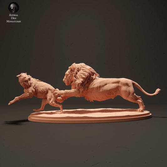 Productfoto Dier Figur Diorama, Modelbouw: 0: Leeuw jaagt Hyena: Dieren uit Afrika