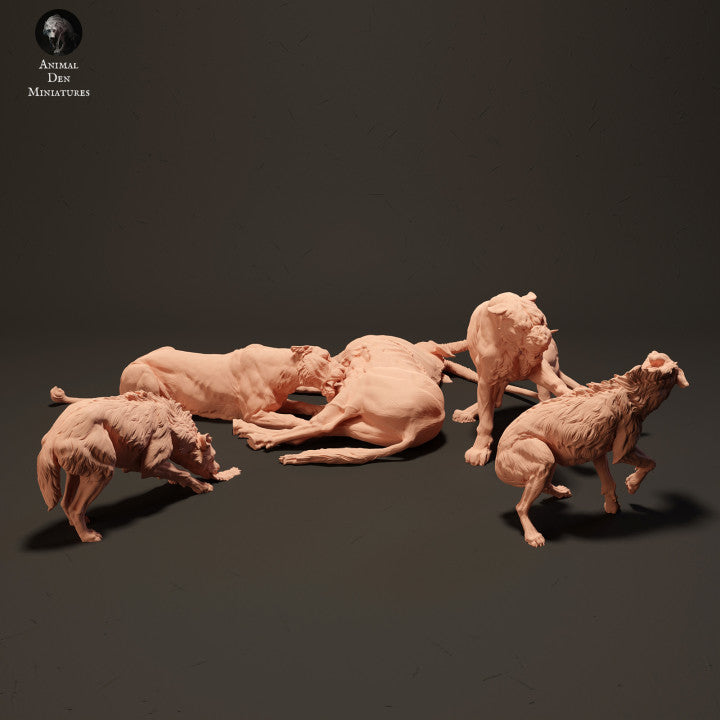 Productfoto Dierfiguur Diorama, Modelbouw: 0: Leeuwen op antilopekadaver belaagd door hyena's: Dieren uit Afrika