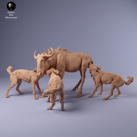 Productfoto Dier Figuur Diorama, Modelbouw: 0: Afrikaanse wilde honden jagen gnoes: Dieren uit Afrika