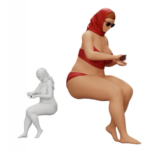 Diorama modelbouw productfoto 0: Sexy vrouw in bikini en zonnebril met zonnebrandcrème op het strand (Ref Nr. A9)