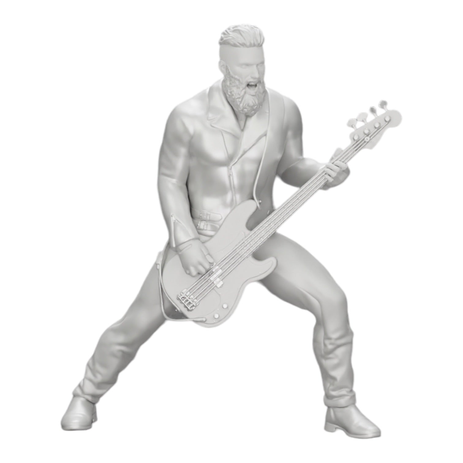 Diorama modelbouw productfoto 0: Rockstar speelt basgitaar in leren jas met lange haren en baard (Ref Nr. A12)
