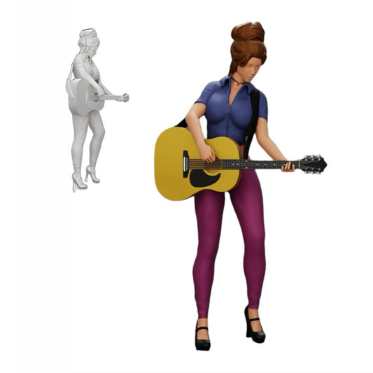 Diorama modelbouw productfoto 0: Jonge vrouw/muzikante op het podium speelt akoestische gitaar (Ref Nr. A13)