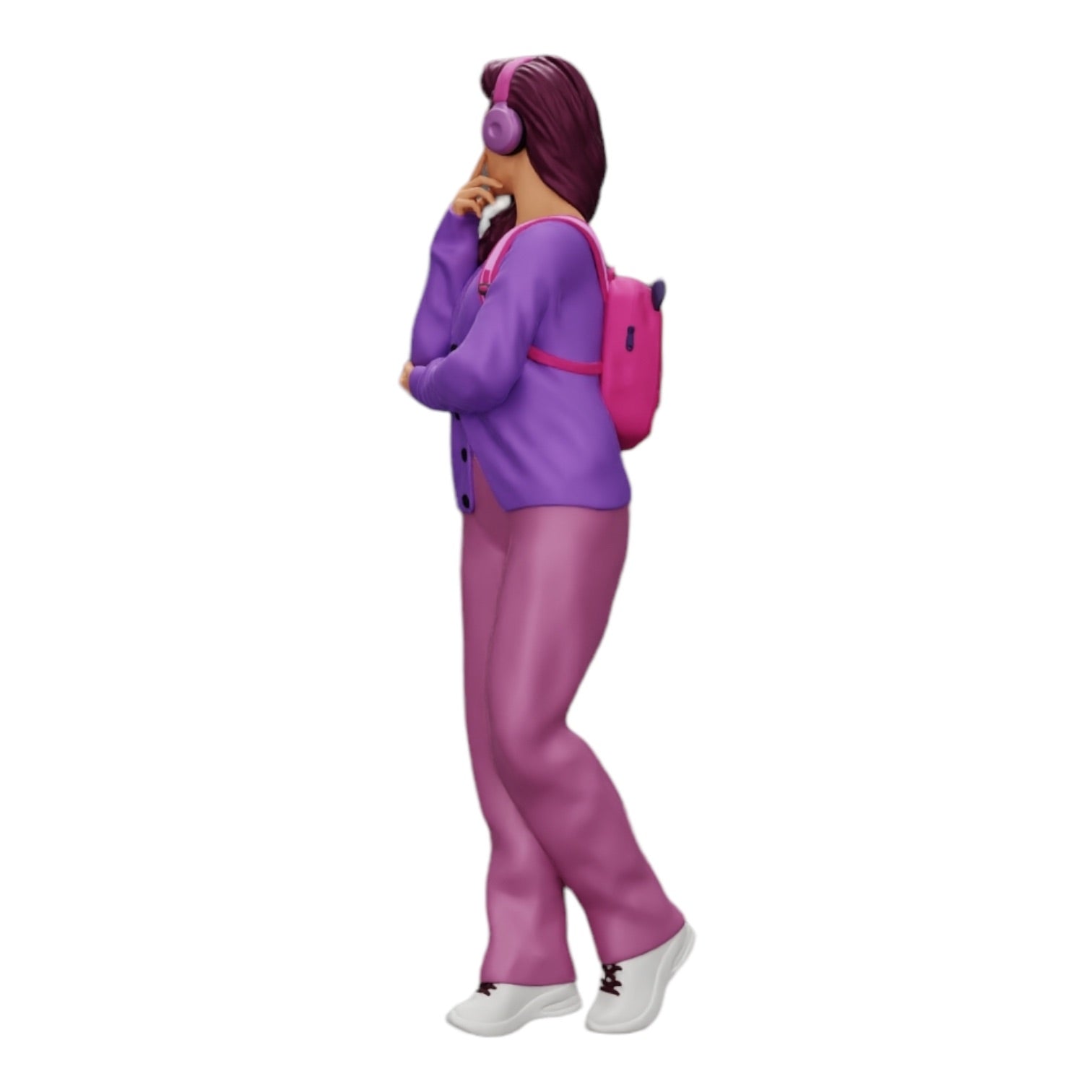 Diorama modelbouw productfoto 0: Denkende jonge vrouw met koptelefoon en rugzak luistert naar muziek (Ref Nr. A25)