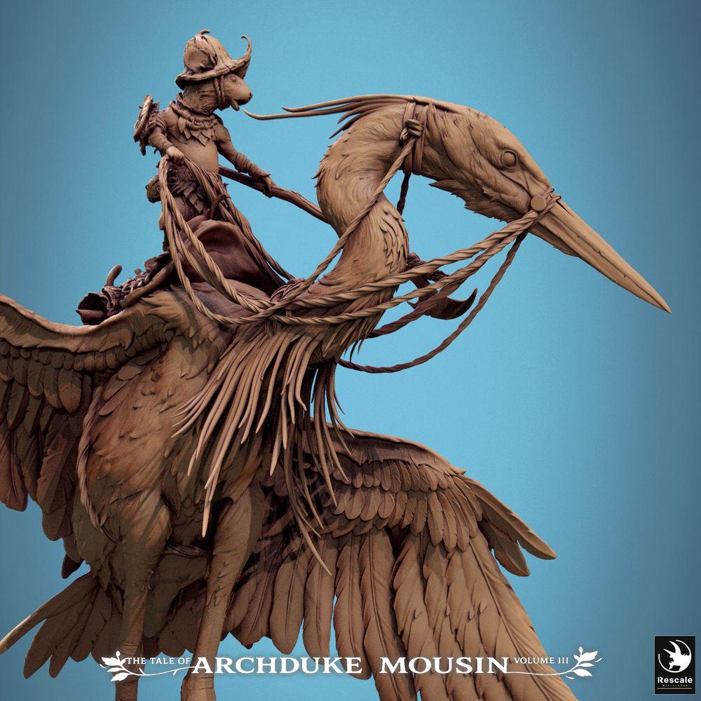 Productfoto Tabletop 28mm Lord of the Print (LotP) 4: Fantasy figuur: Diermens Muizenkrijger op Reiger, Vogelrijder Scout, lichte cavalerie, ruiterheld Heron Walk (25_07_D3)